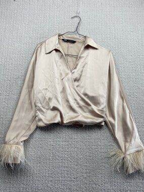 Zara Satin Wrap Top Feather Cuff Champagne Beige Size M Cocktail Evening Blouse